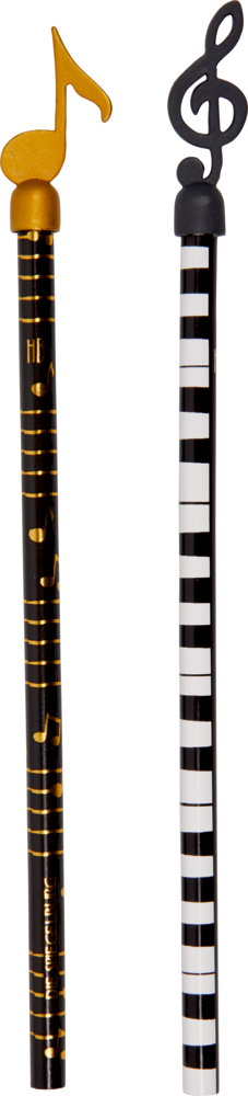 Bleistift mit Noten-Topper All about music Zwei Bleistifte mit Musikmotiven: einer mit goldener Note am Ende, einer mit schwarzem Violinschlüssel.