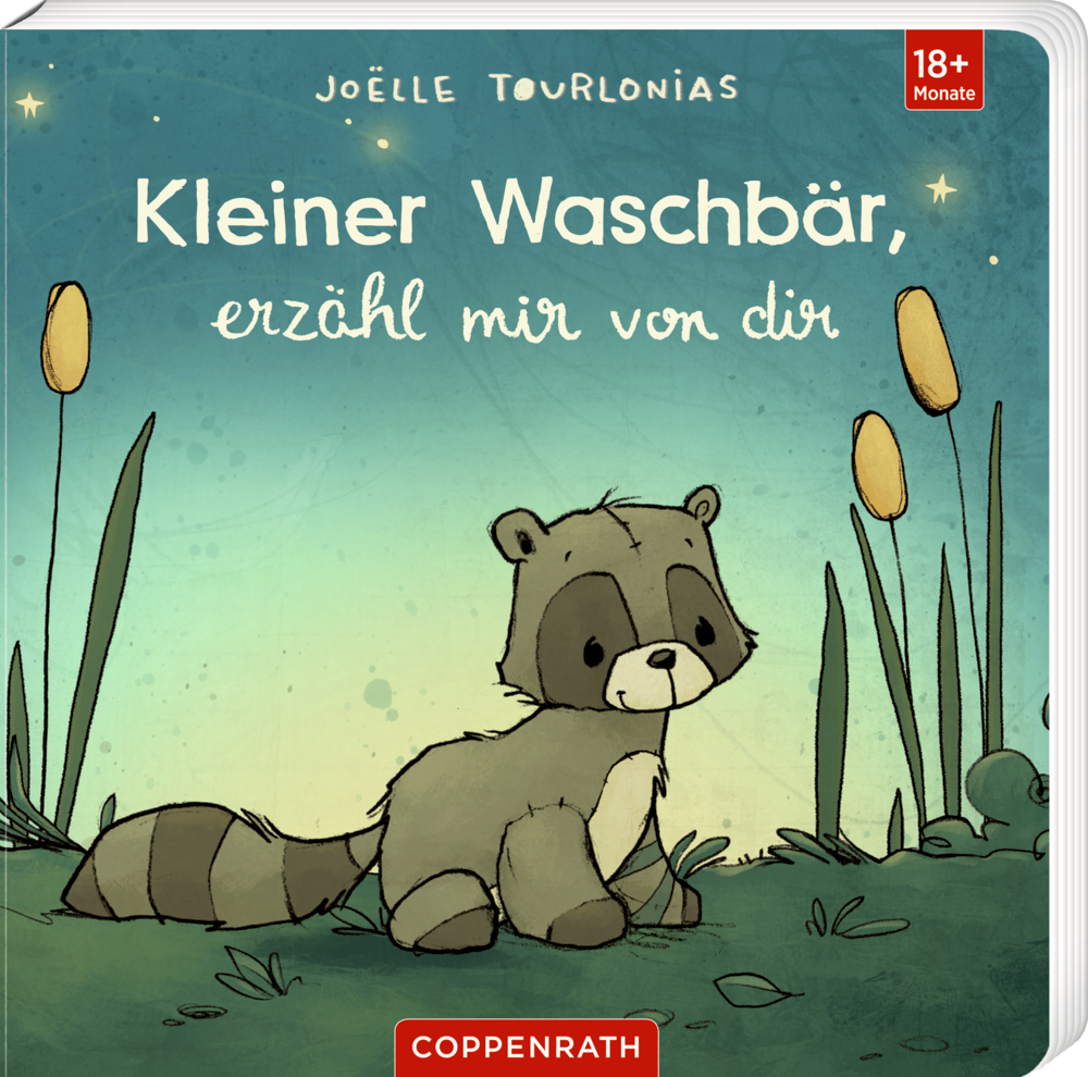 Liebling: Kleiner Waschbär, erzähl mir von dir Auf einem Kinderbuchumschlag mit Text sitzt ein kleiner Waschbär im Schilf, das Cover trägt den Titel "Kleiner Waschbär, erzähl mir von dir".
