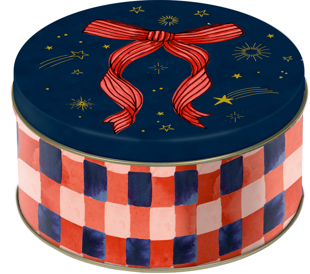 Runde Keksdose mit rot-blauem Karomuster, Deckel mit roter Schleife und goldenen Sternen sowie Sternschnuppen.