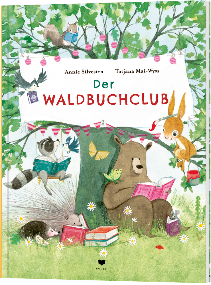 Der Waldbuchclub Waldtiere lesen Bücher unter einem Baum mit einem „Der Waldbuchclub“-Banner.