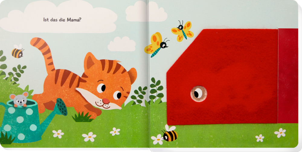 Buchseite auf der ein orangenes Kätzchen seine Mutter im Garten sucht, umgeben von Bienen, Schmetterlingen und blühenden Blumen.