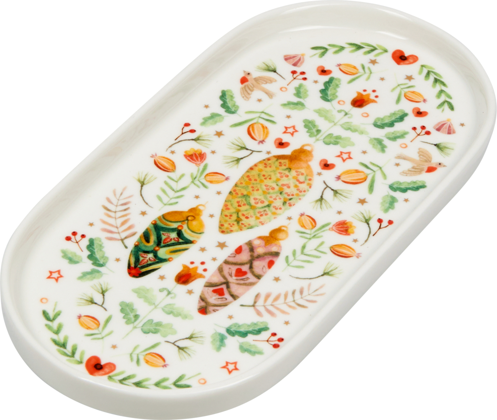 Ovaler Porzellan-Servierteller mit leuchtenden Zapfen-, Blatt-, Beeren- und Blumenmustern.