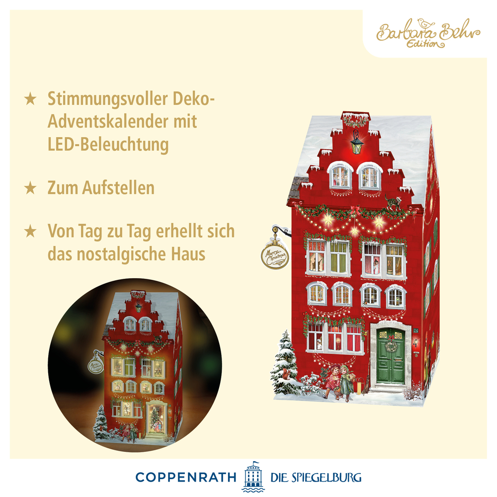 Rotes Adventskalenderhaus mit LED-Lichtern, festlicher Dekoration und nostalgischen Weihnachtsdetails für die Feiertage.