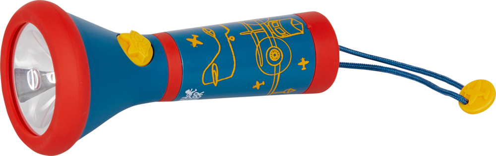 Kinder-Taschenlampe - Lenny Hunter Blau-rote Taschenlampe mit gelbem Flugzeugdesign, gelbem Knopf und blauem Riemen.