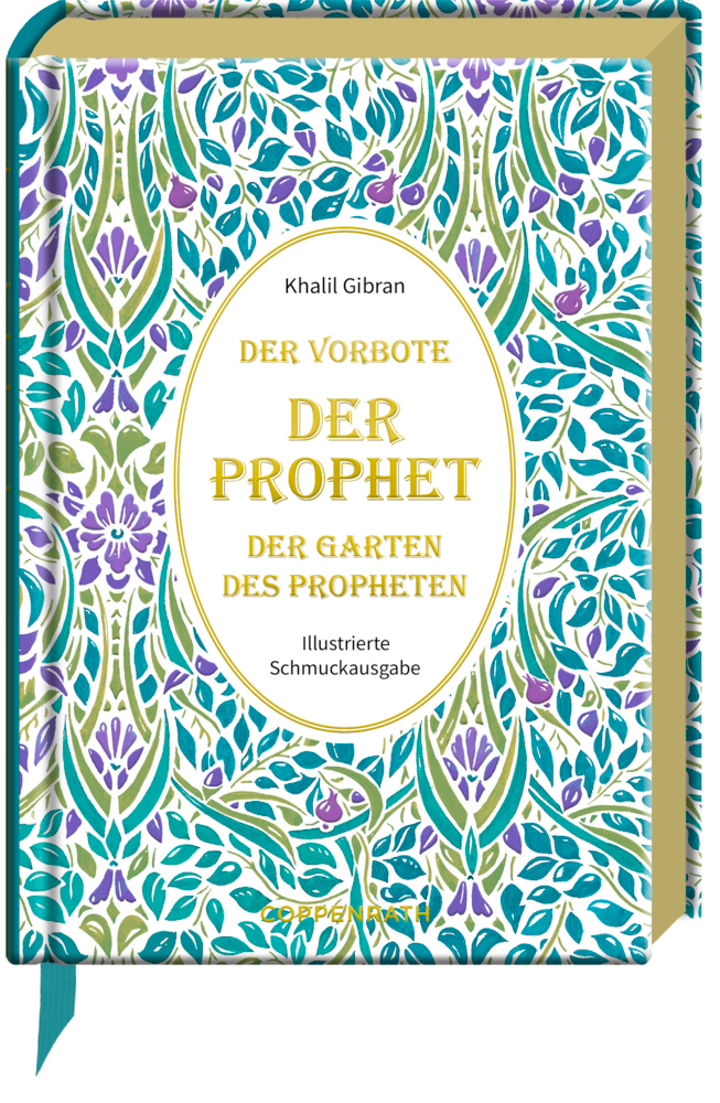 Mini-Schmuckausgabe: Khalil Gibran, Der Prophet Buchcover von Khalil Gibrans „Der Prophet“ mit Blumenmustern und goldener Schrift.