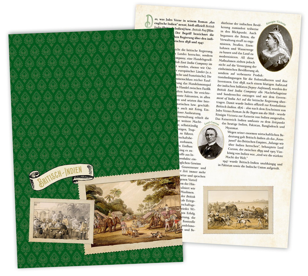 Zwei Zeitschriftenseiten als Beilage im Vintage-Stil „Britisch-Indien“ mit grün gemustertem Cover und historischen Illustrationen.
