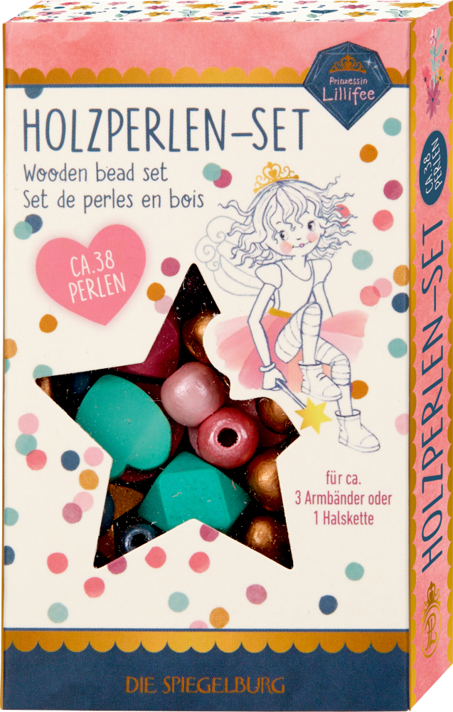 Holzperlen-Set - Prinzessin Lillifee (Glitter&Gold) Schachtel mit bunten Holzperlen für Kinder, mit sternförmigem Fenster und Cartoon-Fee auf der Verpackung.