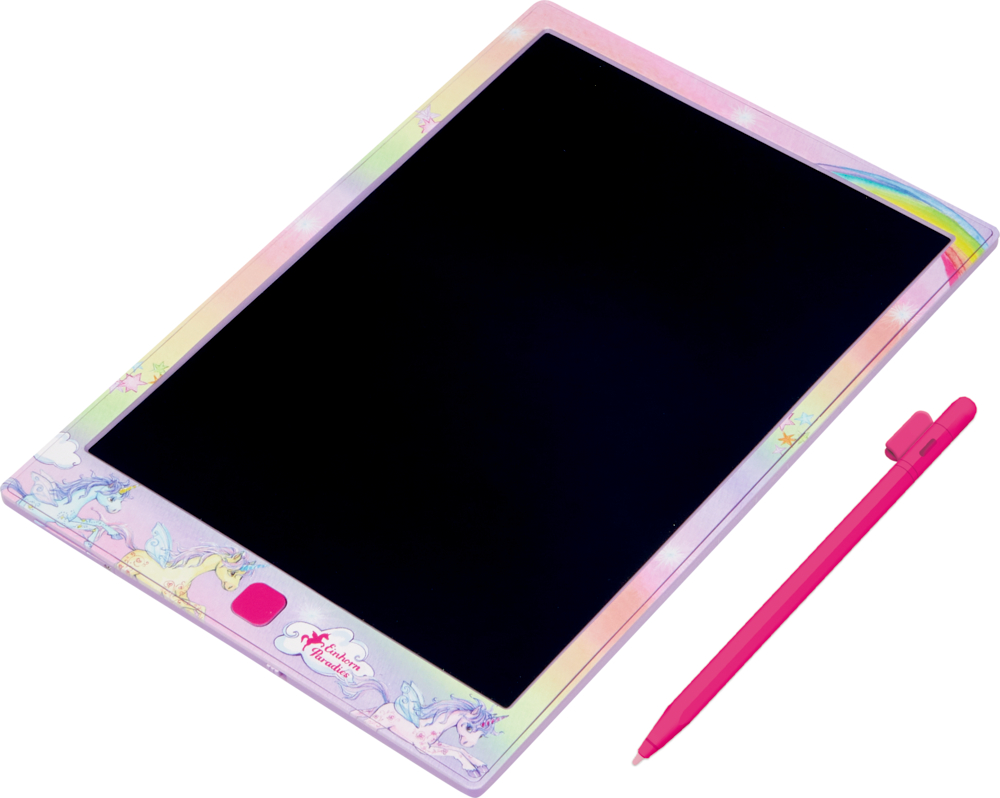Pastellfarbenes LCD-Schreibtablett mit Einhorn-Motiv und rosa Stift auf weißem Hintergrund.