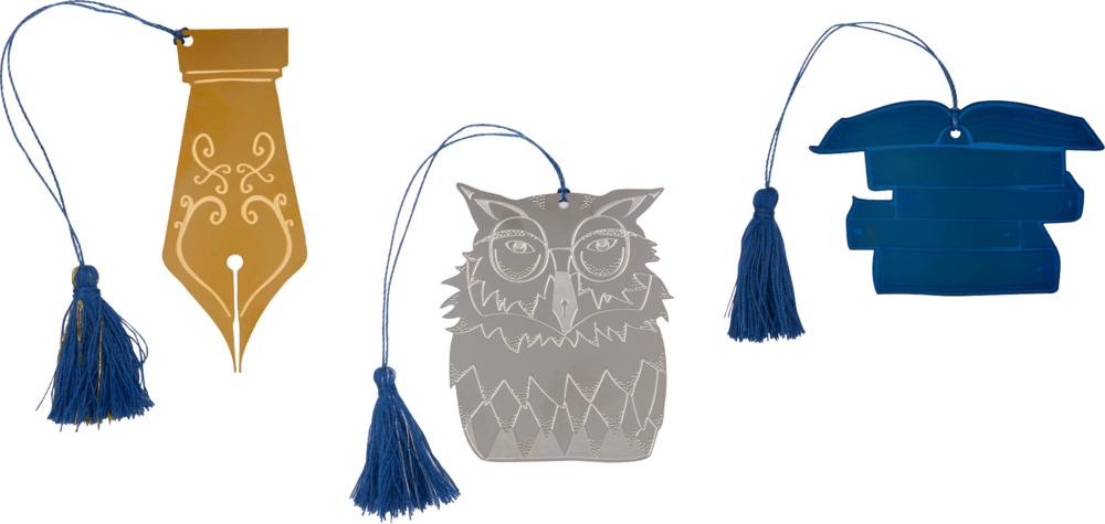 Lesezeichen (aus Metall) - BücherLiebe! Drei Metall-Lesezeichen (Feder, Eule, Bücherstapel) mit jeweils einer blauen Quaste.