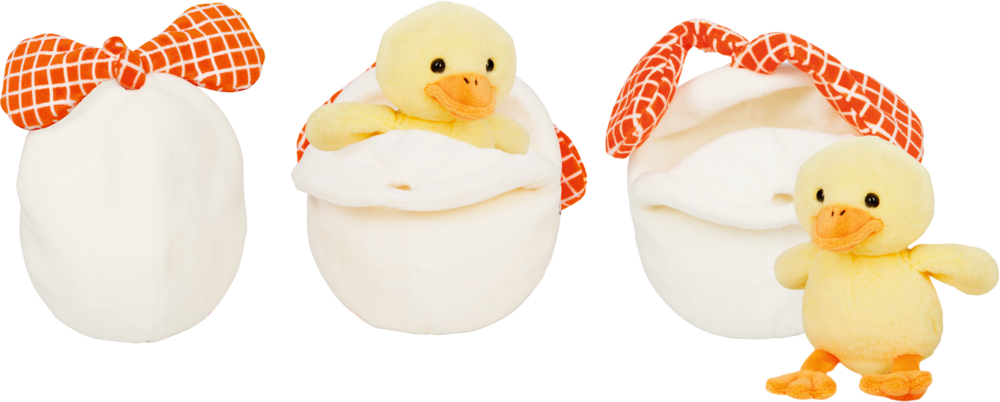 Plüsch-Ente schlüpft aus weißem Ei mit orangefarbener gemusterter Schleife, die in drei aufeinanderfolgenden Stadien gezeigt wird.