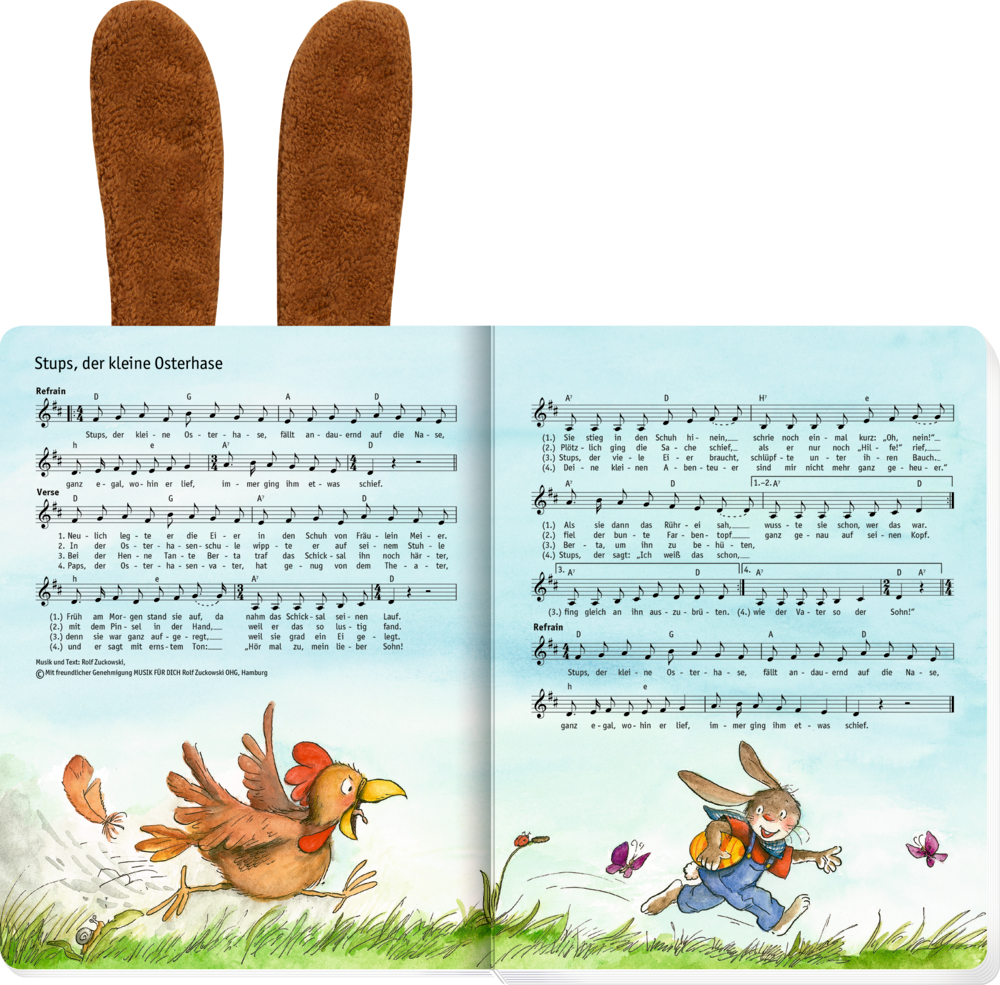 Aufgeschlagenes Kinderbuch mit Hasenohren, Musiknoten und Illustrationen: Ein Hase wird von einem Huhn verfolgt.