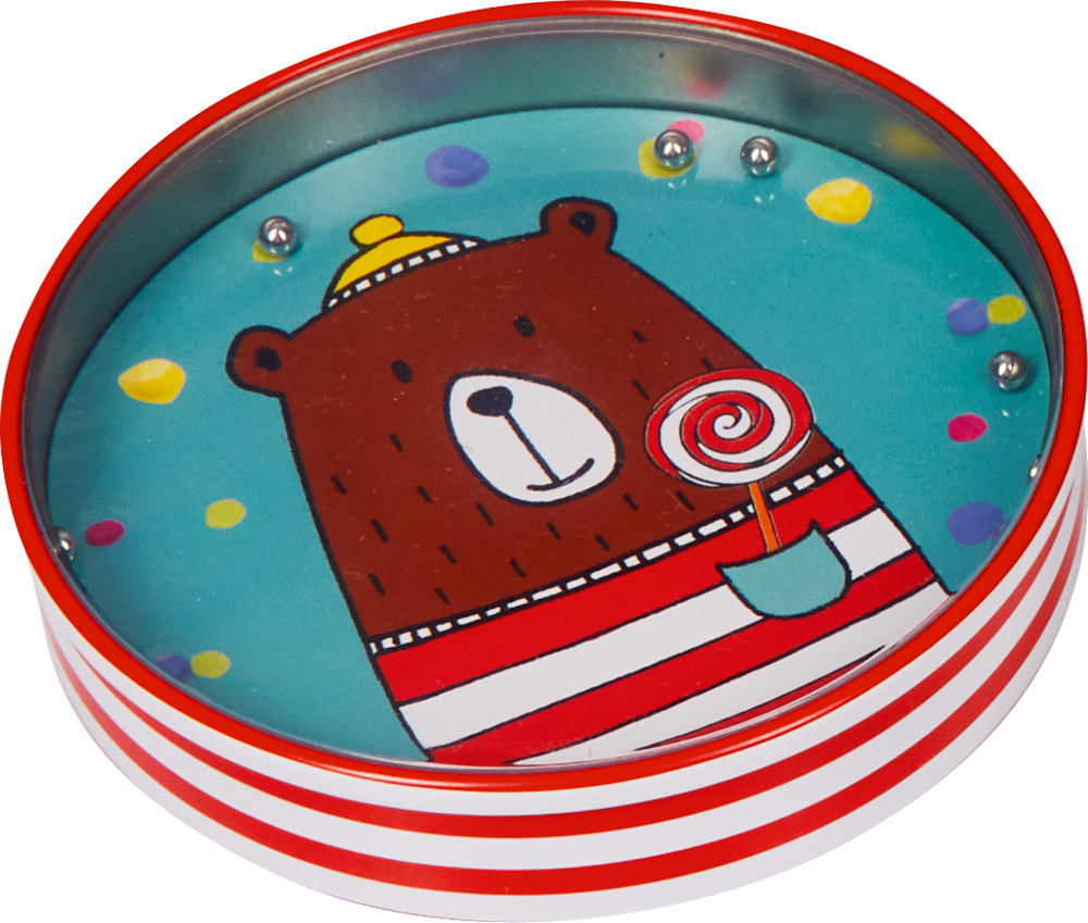 Runde Dose mit süßem Bären mit Lolli. Neben dem Bären kleine silberne Kugeln und Aussparungen für Kugeln.