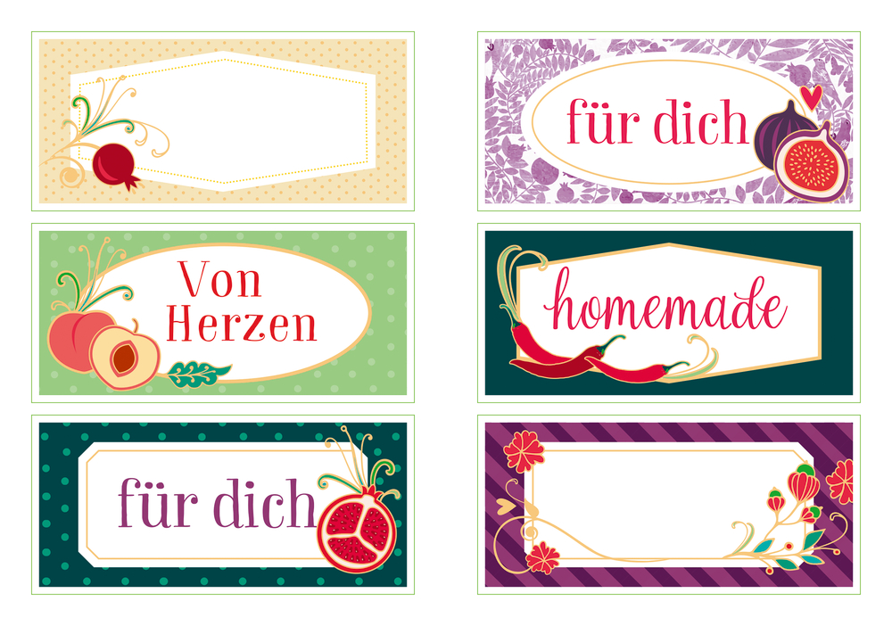 Sechs farbenfrohe Etiketten, jedes mit Obst- oder Blumenkunst und dekorativem Text "von Herzen", "für dich", "homemade".