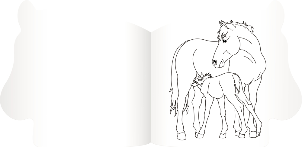Strichzeichnung: Eine Stute steht über ihrem Fohlen, das an ihrer Seite nuckelt.
