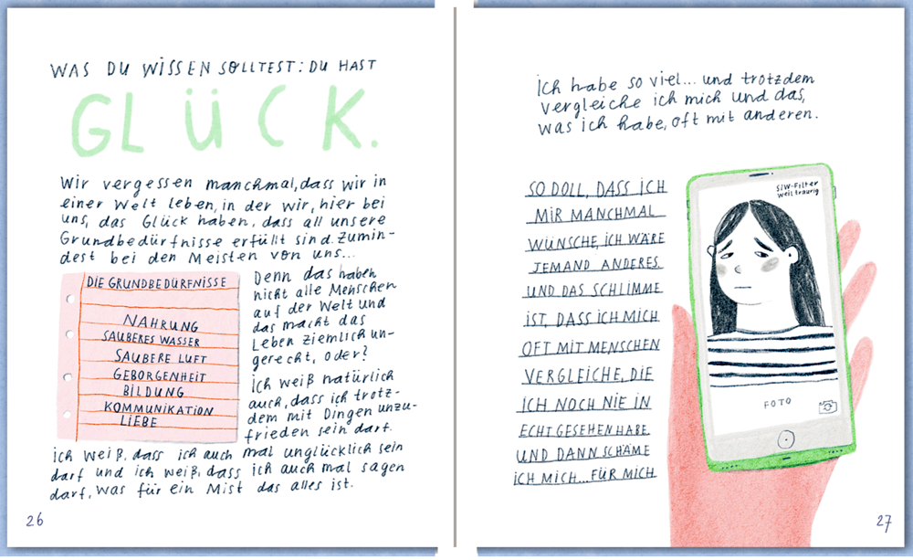 Zwei Pastellseiten mit einer Liste mit Grundbedürfnissen und ein trauriges Mädchen, das ein Telefon hält.