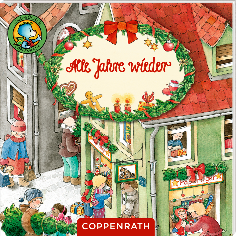 Festliche Straßenszene mit Menschen und Weihnachtsdekorationen, das Cover ist betitelt mit „Alle Jahre wieder.