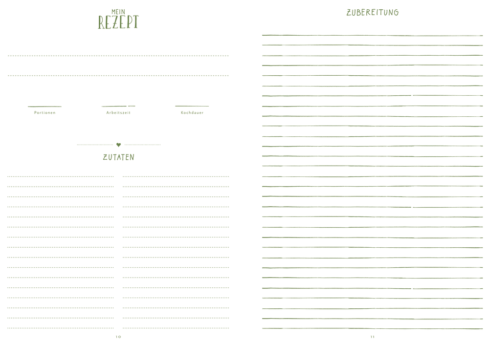 Leere deutsche Rezeptvorlage: Abschnitte für Zutaten, Portionen, Zeit und Anweisungen – fertig zum Ausfüllen.