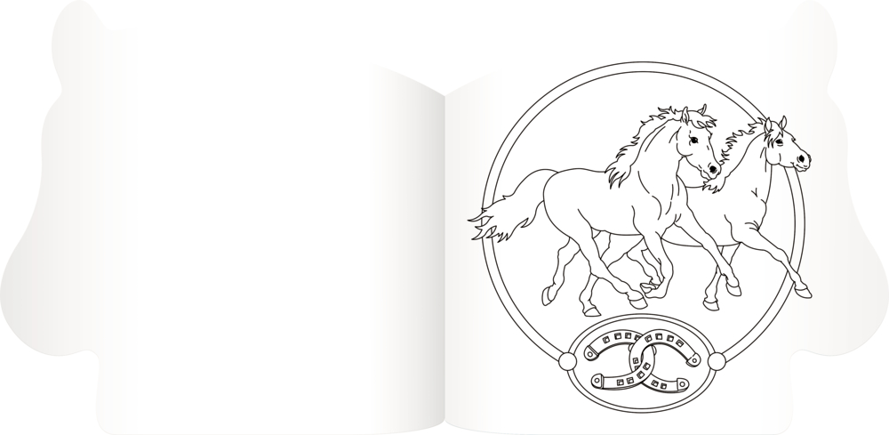 Aufgeschlagene Seite: Malvorlage mit zwei rennenden Pferden, darunter zwei Hufeisen.