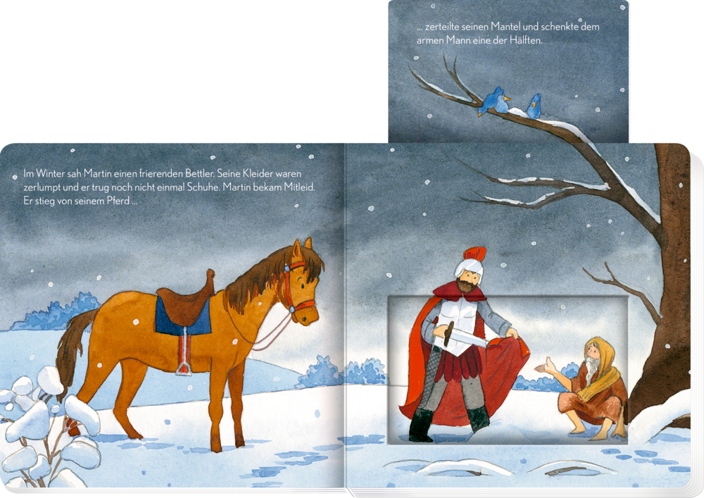 Cover von "Die Geschichten vom Sankt Martin". Ein Mann zu Pferd gibt einem im Schnee knienden Bettler seinen roten Umhang; zwei Vögel sitzen auf einem Ast in der Nähe, schieber rein.