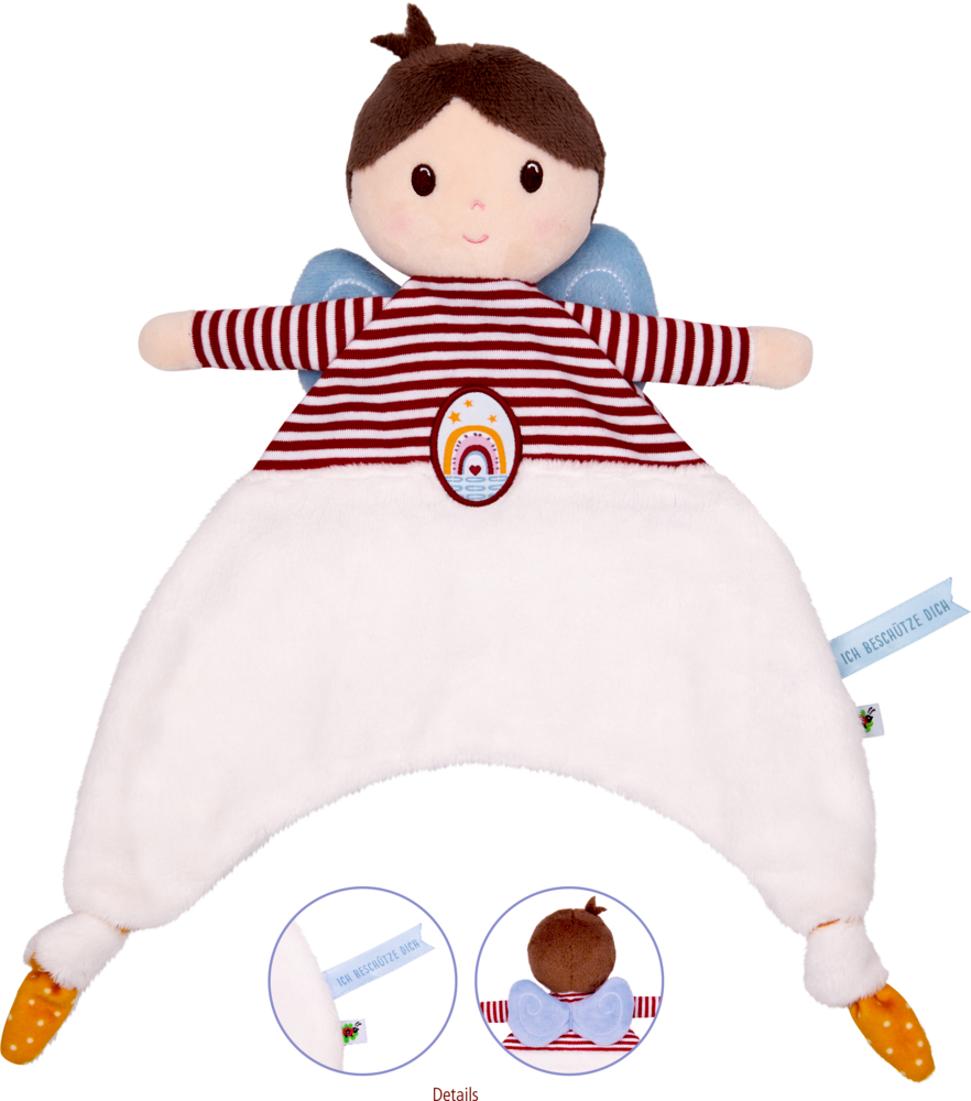 Stoffpuppe mit Streifenshirt, weißem Schmusetuch als Hose, blauen Flügeln, orangefarbenen Schuhen und Regenbogenaufnäher.