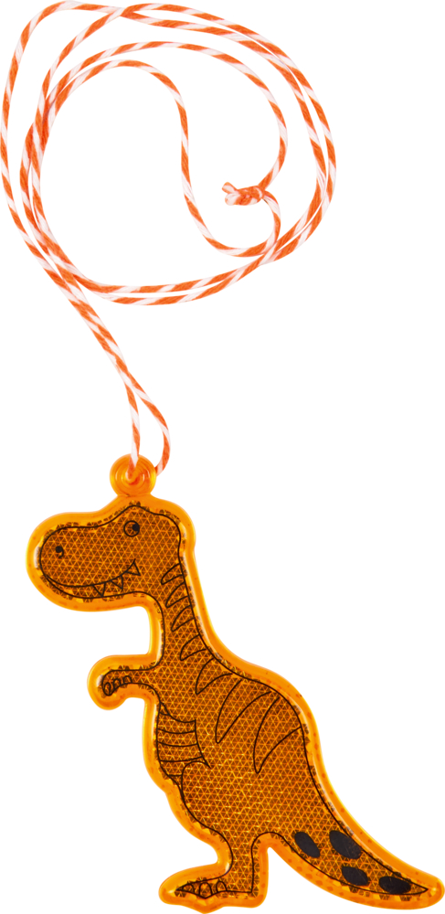 Dino-Reflektor - Bunte Geschenke Orangefarbener Dinosaurier-Schlüsselanhänger mit gestreifter Schnur und schlichten schwarzen Details.