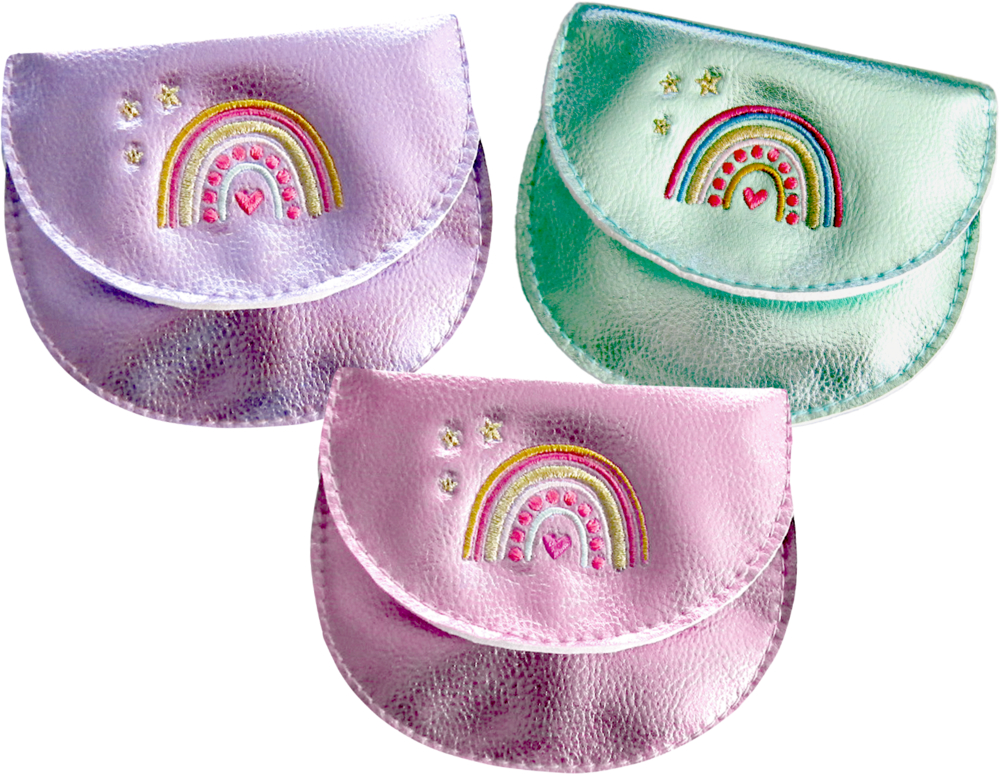 Mini-Portmonee - Prinzessin Lillifee (Regenbogen) Drei bunte Täschchen mit aufgestickten Regenbögen und Sternen auf den Deckeln Klappen.