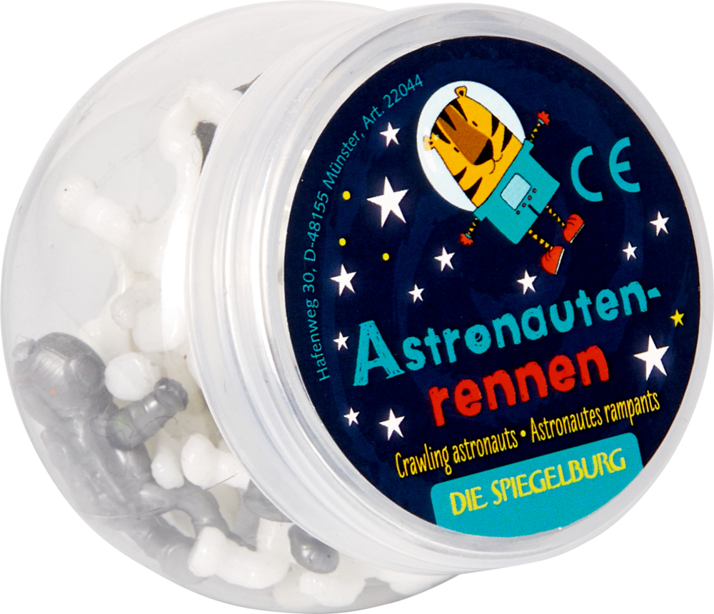 Astronauten-Rennen - Bunte Geschenke Runder, durchsichtiger Behälter mit kleinen Spielzeug-Astronauten und einem Tiger als Astronaut auf dem Deckel.