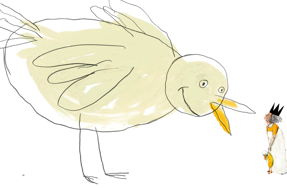 Ein großer, lächelnder Vogel beugt sich zu einem gekrönten Kind mit gelber Puppe.