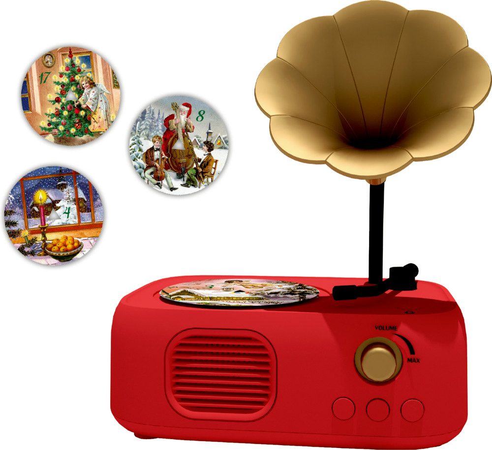 Rotes Vintage-Grammophon mit goldenem Trichter und drei Mini-Schallplatten mit festlichen Winterszenen.