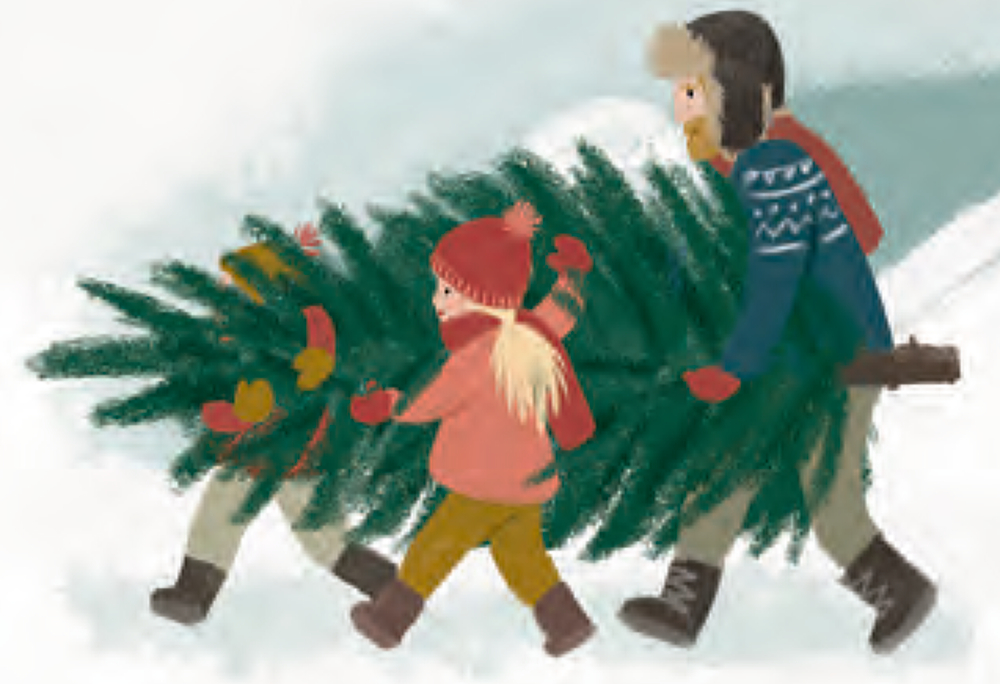 Ein Erwachsener und zwei Kinder in Winterkleidung tragen gemeinsam einen Weihnachtsbaum durch den Schnee.