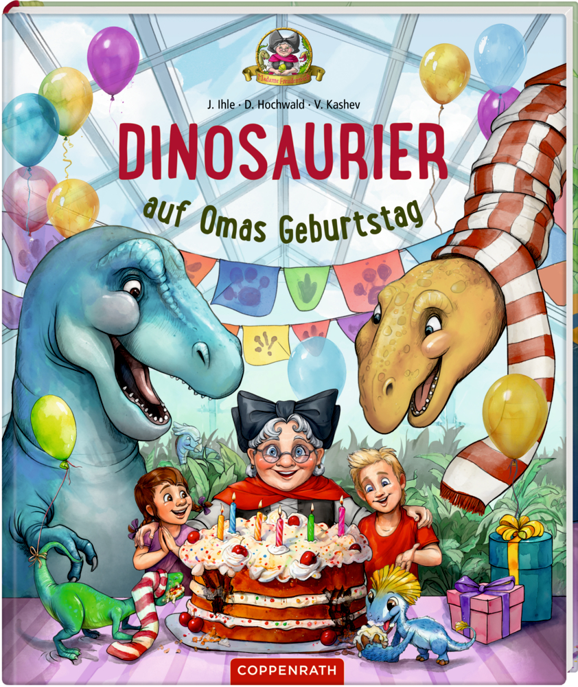 Dinosaurier auf Omas Geburtstag (Bd.5) Zwei Kinder und ihre Oma feiern einen Geburtstag mit Dinosauriern, Luftballons und Kuchen, auf dem Cover von "Dinosaurier auf Omas Geburtstag".