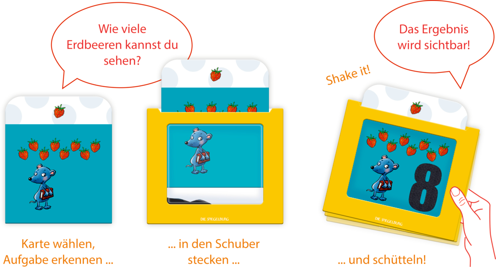 Eine Comic-Maus hält Erdbeeren, eine Zählkarte in einem gelben Rahmen zeigt die Zahl 8.