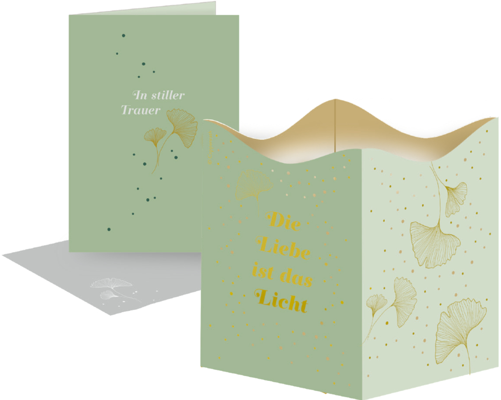 Grüne Karte „In stiller Trauer“, Kerzenhalter mit Gold-Ginkgo, Aufschrift: „Die Liebe ist das Licht.“.