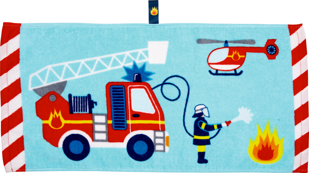 Blaues Handtuch mit Cartoon-Feuerwehr, -Helikopter und Feuer, rot-weiß gestreifter Rand.