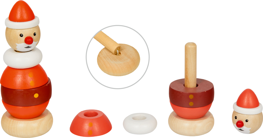 Stapelbares Holzspielzeug in Form eines Weihnachtsmanns, in bunte Teile zerlegt, mit einer Nahaufnahme des zentralen Stifts.