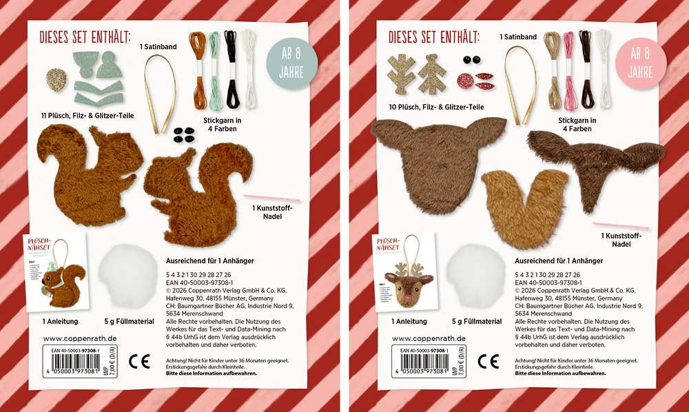 Zwei Bastelsets mit Plüsch-, Filz- und Glitzerteilen, Stickgarn, Satinband, Kunststoffnadel, Füllmaterial und Anleitung für Anhänger.