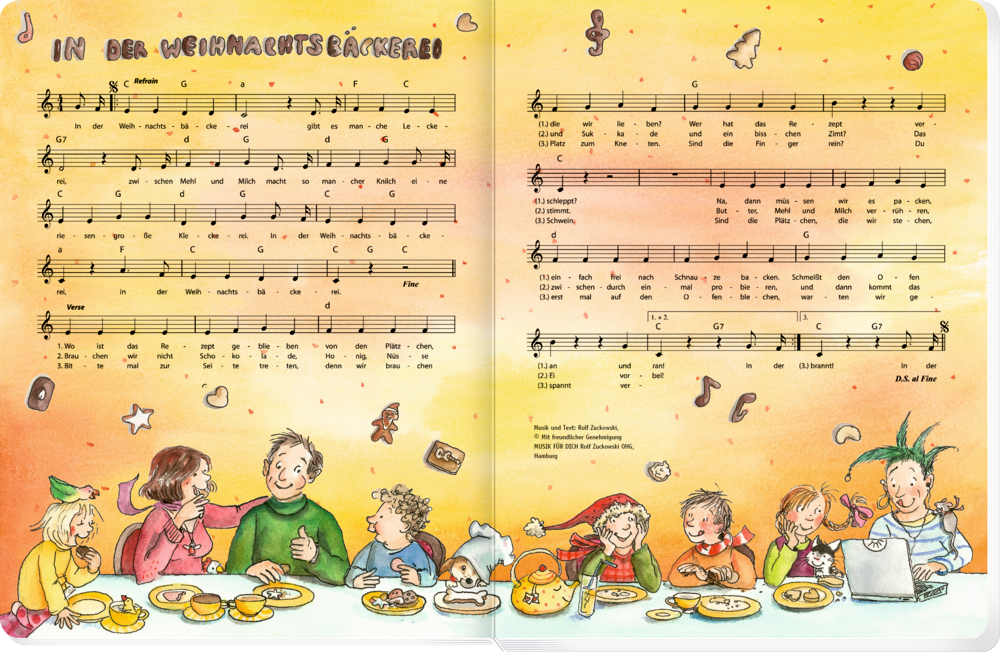 Kinder und Erwachsene essen gemeinsam an einem Tisch Plätzchen, über ihnen schweben Musiknoten und Liedtexte.