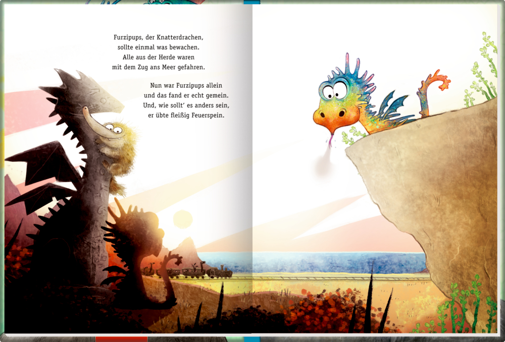 Ein bunter Drache übt auf einer Klippe Feuerspeien, im Hintergrund Schatten-Drachen und das Meer bei Sonnenuntergang.