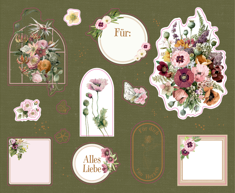 Blumenaufkleber und -etiketten auf grünem Hintergrund mit Blumen und Schmetterlingen.