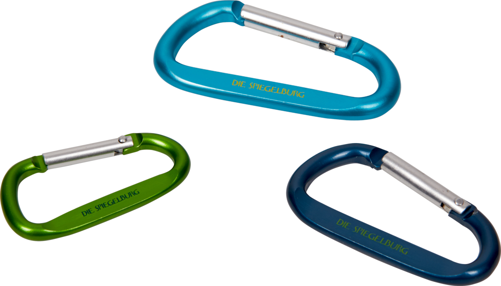 Drei Karabiner (grün, blau, türkis) in unterschiedlichen Größen.