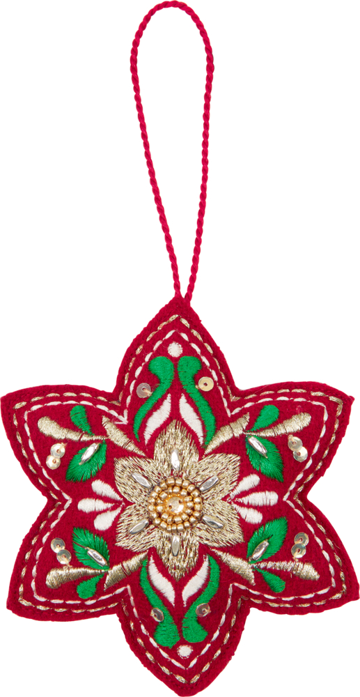 Rot-goldener Weihnachtsstern mit grünen, gestickten Mustern und einer roten Aufhängeschlaufe.