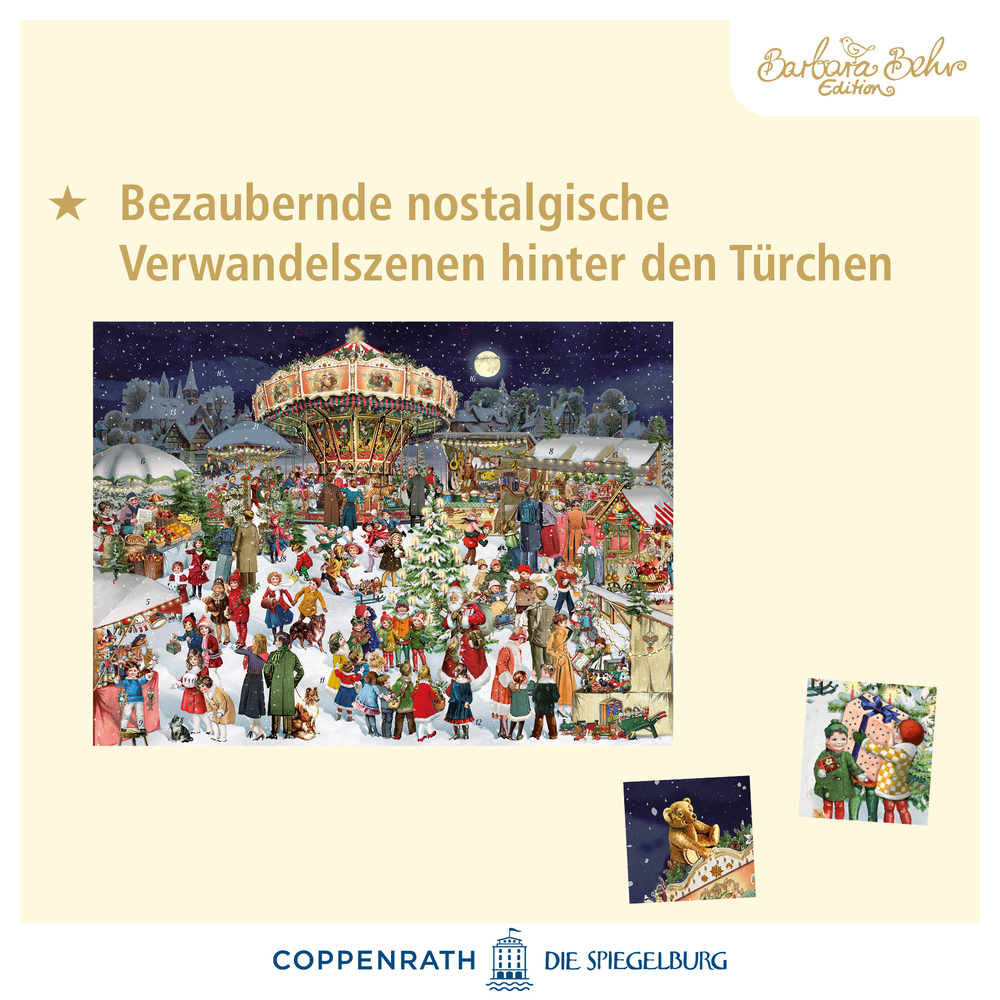 Festlicher Weihnachtsmarkt bei Nacht mit Menschen, Karussell und schneebedeckten, geschmückten Bäumen.
