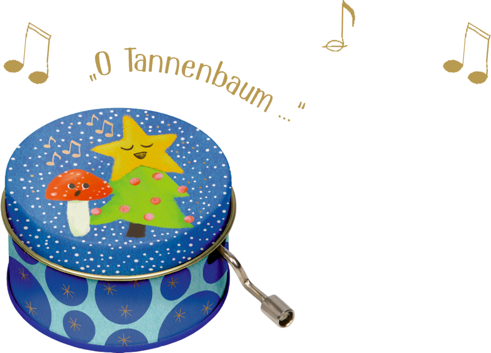 Runde Spieluhr mit Kurbel, blau mit Motiv aus Tannenbaum, Stern und Pilz, Text „O Tannenbaum …“ und Noten darüber.