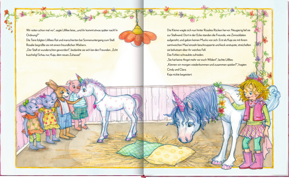 Tiere, Einhörner und eine blonde Fee mit Stroh und Kissen.