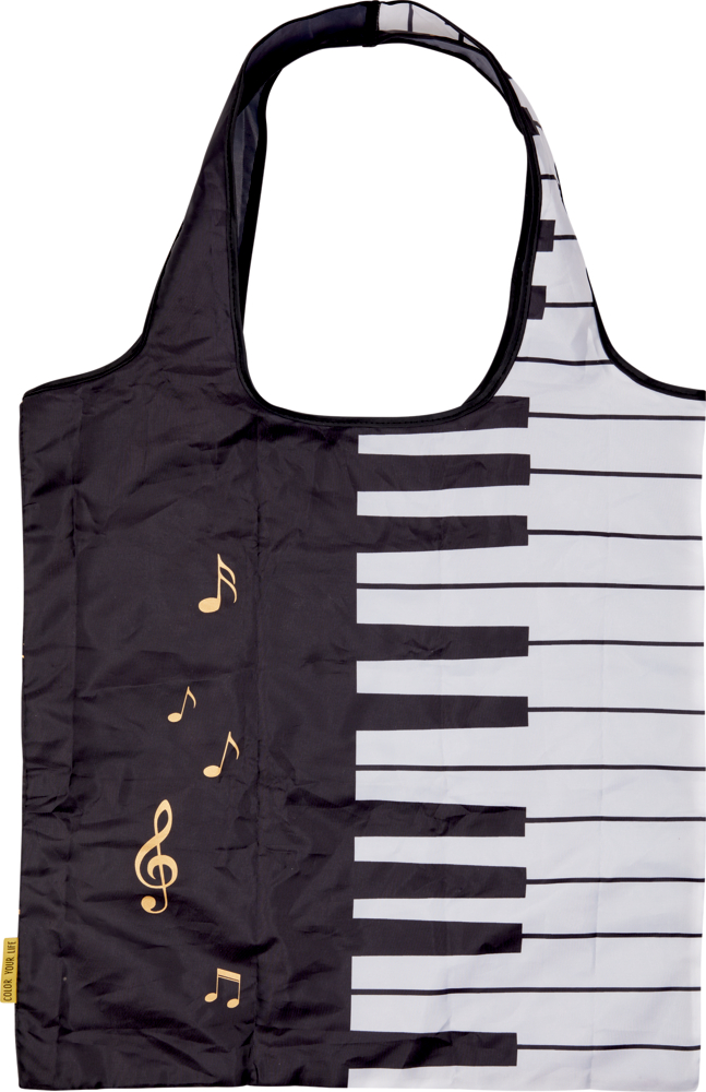 Faltshopper Noten/Klaviatur - All about music "Einkaufstasche mit einer Klaviertastatur und goldenen Musiknoten auf schwarz-weißem Hintergrund."
