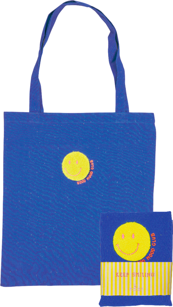 Blaue Tasche mit gelbem Smiley und Text GOOD MOOD CLUB, daneben zusammengefaltete passende Tasche mit KEEP SMILING.