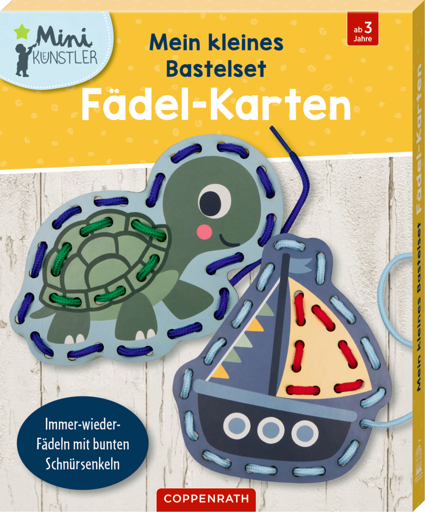 Kinder-Fädelkarten mit Fädelmotiven: Schildkröte und Segelboot, bunte Fädelbänder.