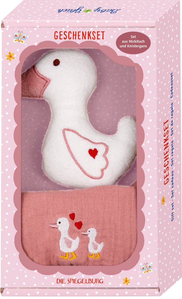 Geschenkset Gans, rosa - BabyGlück Geschenkset: weißes Plüschgansspielzeug und rosa Tuch mit gestickten Enten, präsentiert in einer rosa gepunkteten Schachtel.