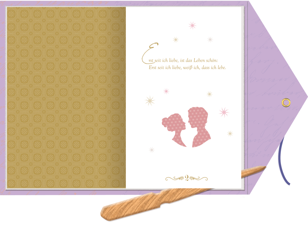 Karte mit rosa Silhouetten eines Paares, Text, pastellfarbenen Mustern und Brieföffner darunter.