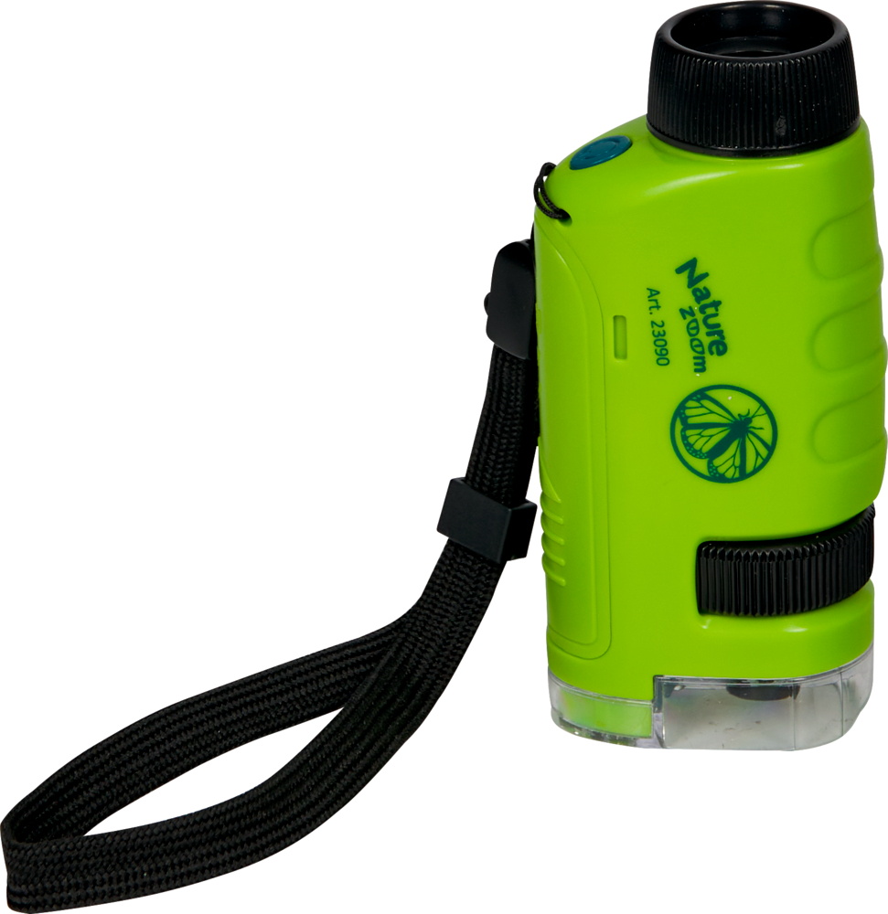 Grünes Handmikroskop mit schwarzem Band und Nature Zoom Logo an der Seite.
